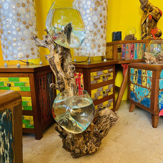Vase ethnique en verre soufflé racine aquarium rustique