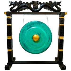 Gong orientale artigianale con stand intagliato