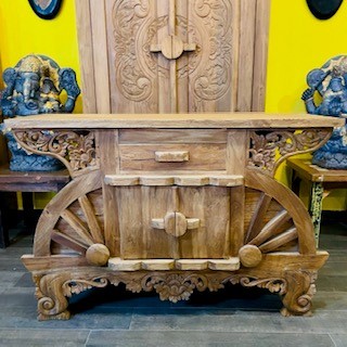 Mobile Etnico Buffet Teak Grezzo Ruota Intagliato
