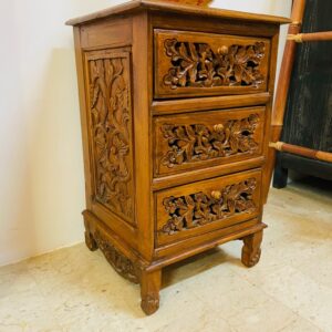 Comodino etnico legno teak intagli floreali