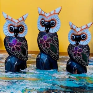 Set 3 Gufi Sculture Soprammobili Civetta Etnica