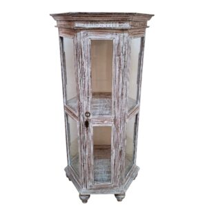 Vetrinetta in legno teak decapata bianca espositore etnico